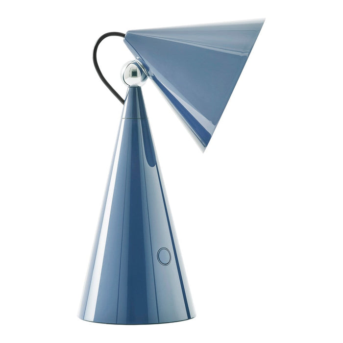 Blue geometric desk lamp with a sleek, glossy finish and a conical base and shade design.