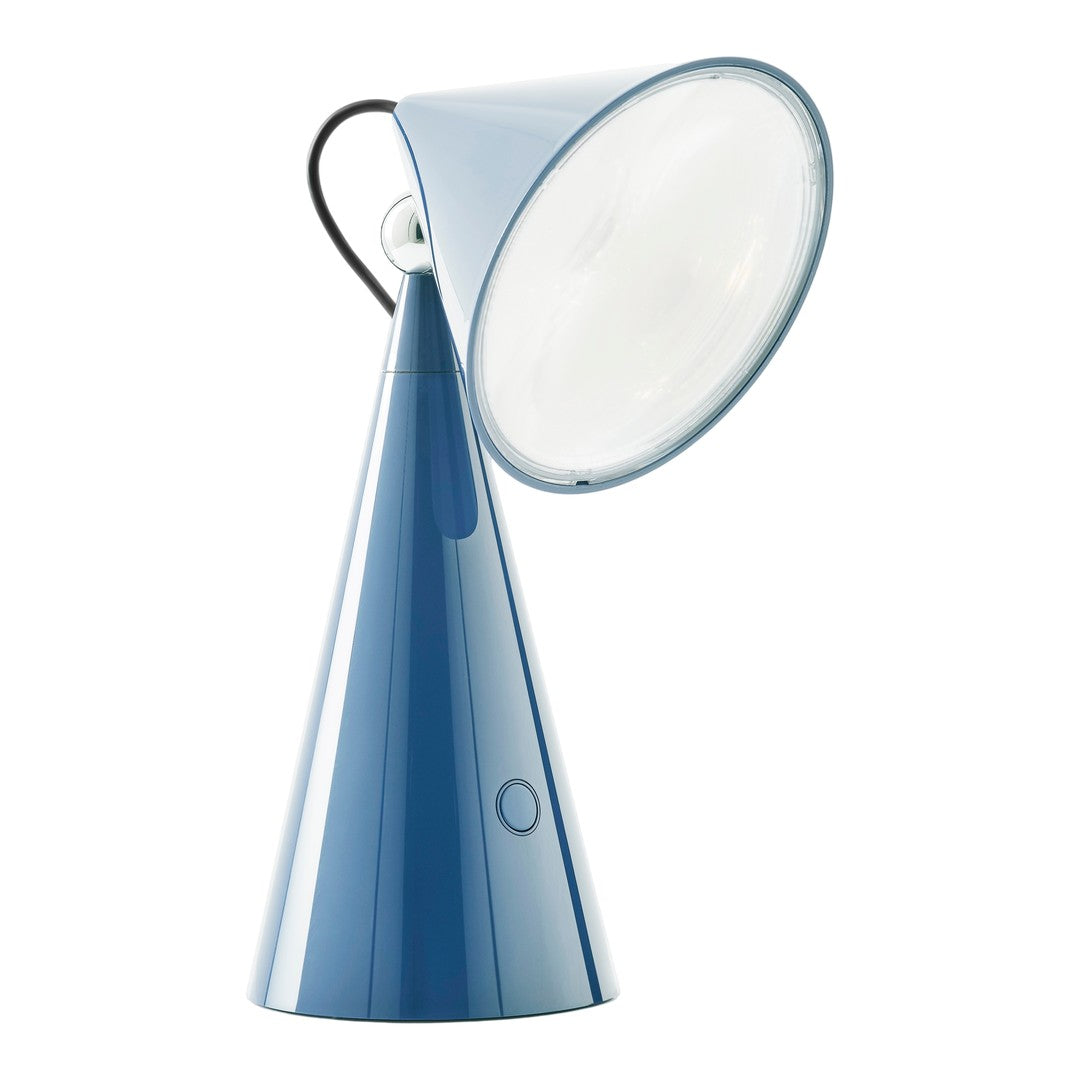 Modern blue cone-shaped lamp with a glossy finish and a simple white shade. Ideal for stylish decor.