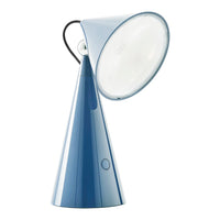 Modern blue cone-shaped lamp with a glossy finish and a simple white shade. Ideal for stylish decor.