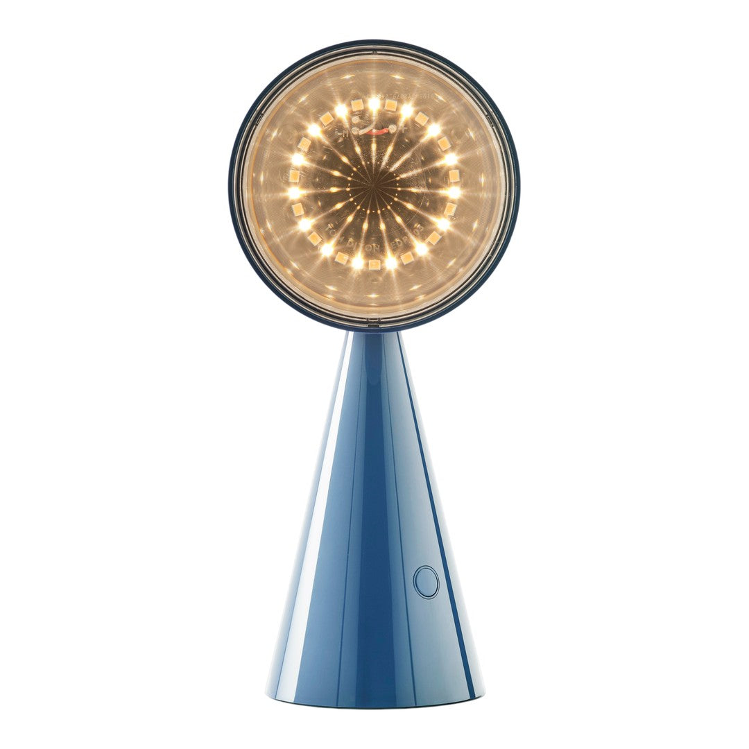 Blue cone-shaped lamp with a circular light pattern, featuring a glossy finish and modern design elements.