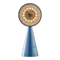 Blue cone-shaped lamp with a circular light pattern, featuring a glossy finish and modern design elements.