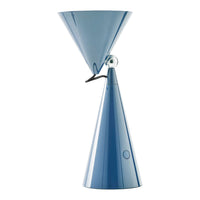 Blue geometric lamp with a shiny finish, featuring a conical and funnel shape, perfect for modern decor.