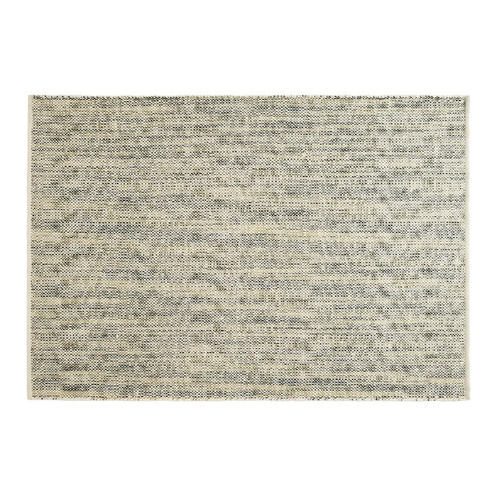 Textured rug featuring a neutral beige and black color scheme with a subtle woven pattern. Perfect for any decor.