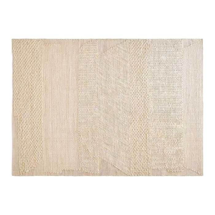 Beige and cream textured rug featuring a mix of woven patterns and natural fibers, perfect for any space.