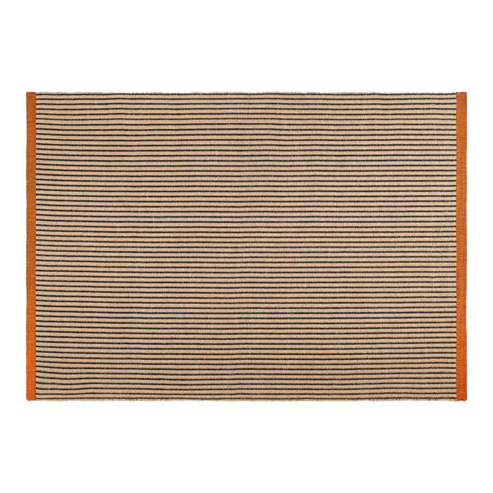 Beige striped rug with black stripes and vibrant orange trim, perfect for adding a modern touch to any space.
