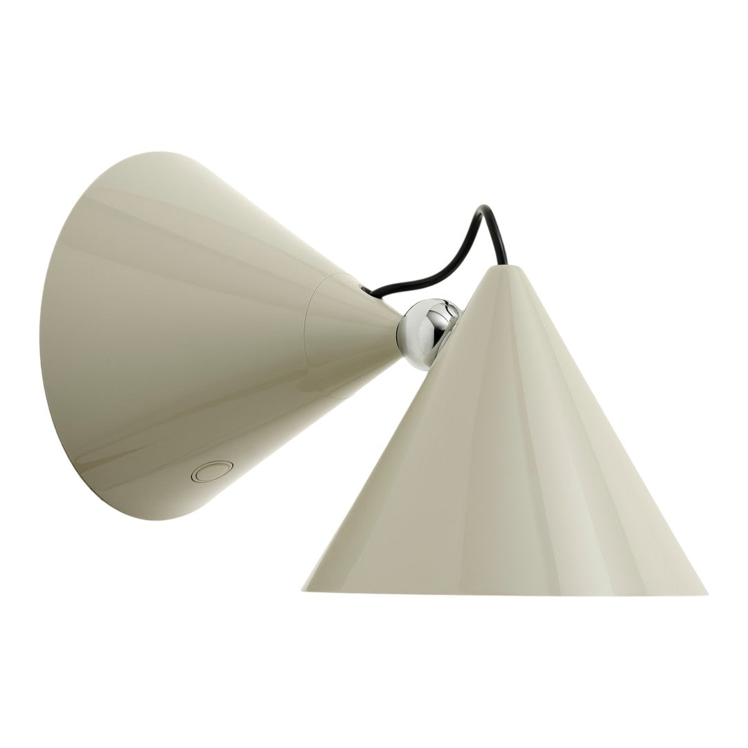Two conical lamps in soft beige and cream tones, featuring a sleek chrome accent and a black cord.