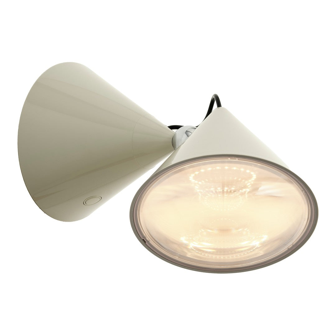White and cream cone-shaped light fixture with sleek, modern design and subtle curvature.