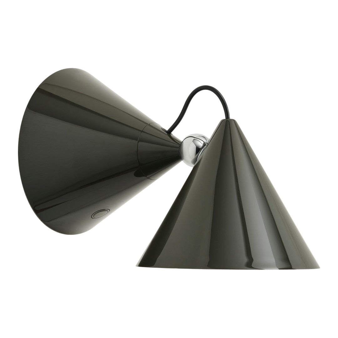 Black cone-shaped lamp with a sleek, glossy finish and contrasting chrome details. Modern minimalist design.