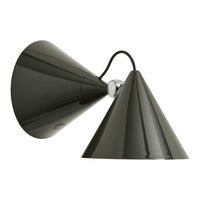 Black cone-shaped lamp with a sleek, glossy finish and contrasting chrome details. Modern minimalist design.