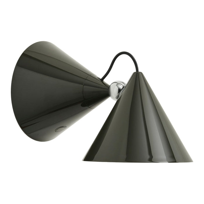 Black cone-shaped lamp with a sleek, glossy finish and contrasting chrome details. Modern minimalist design.
