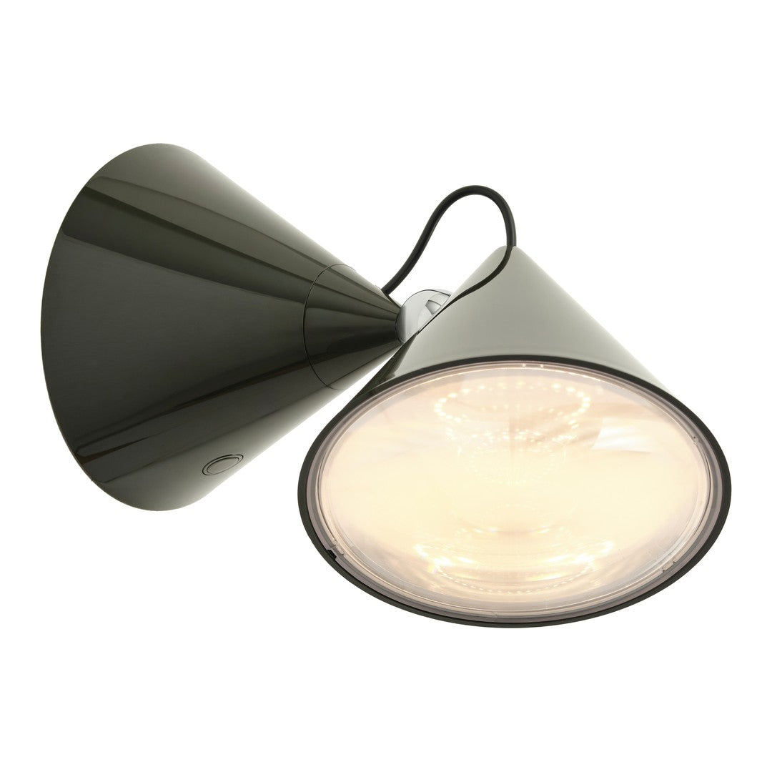 Black cone-shaped light fixture with a glossy finish and exposed bulb design. Modern and sleek aesthetic.