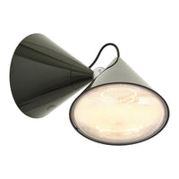 Black cone-shaped light fixture with a glossy finish and exposed bulb design. Modern and sleek aesthetic.