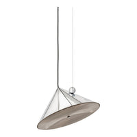 Sleek metallic pendant lamp with a silver and beige cone shape and black cord, creating a modern aesthetic.