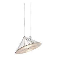 Sleek silver pendant lamp with a cone shape and subtle frosted glass shade, hanging from a black cord.