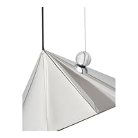 Silver geometric pendant lamp with a sleek, shiny finish and a transparent accent. Perfect for modern decor.