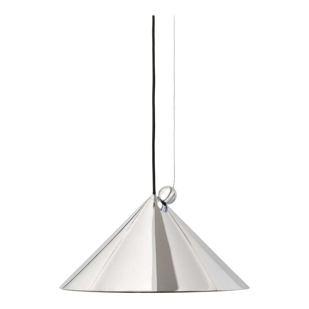 Silver cone-shaped pendant lamp with a sleek metallic finish and a black cord for modern decor.
