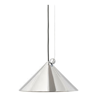 Silver cone-shaped pendant lamp with a sleek metallic finish and a black cord for modern decor.
