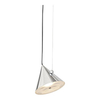 Sleek chrome cone pendant light with a smooth, shiny surface and a subtle black cord. Perfect for modern decor.