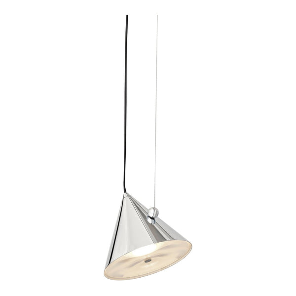 Sleek chrome cone pendant light with a smooth, shiny surface and a subtle black cord. Perfect for modern decor.