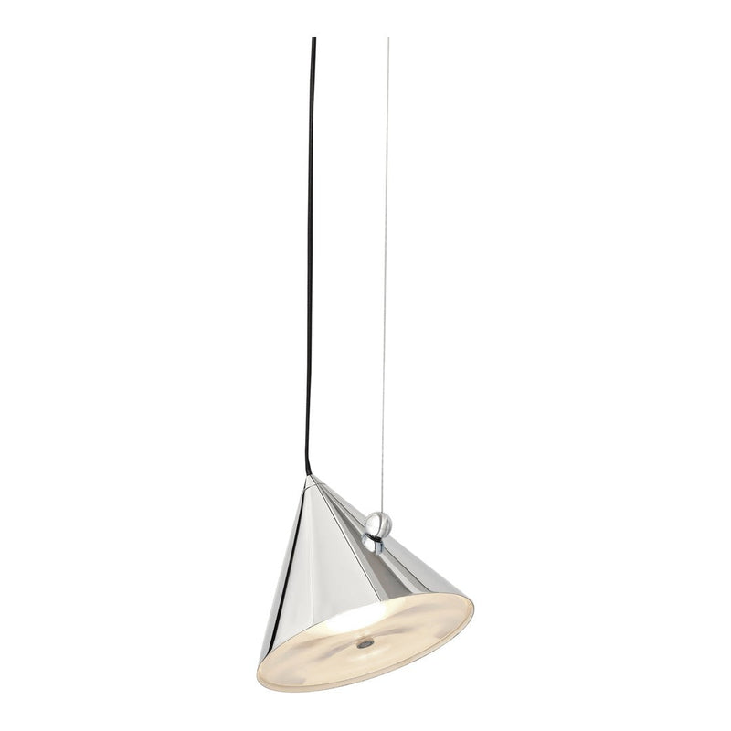 Sleek chrome cone pendant light with a smooth, shiny surface and a subtle black cord. Perfect for modern decor.