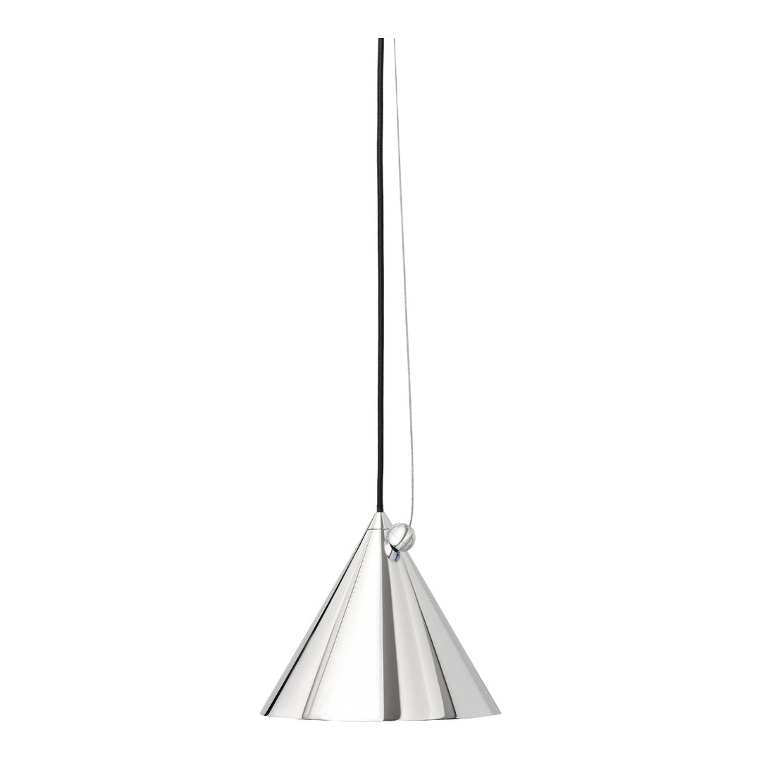 Sleek silver cone pendant lamp with a minimalist design, featuring a smooth reflective surface.