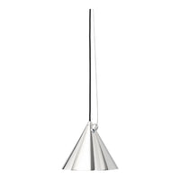 Sleek silver cone pendant lamp with a minimalist design, featuring a smooth reflective surface.