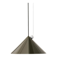 Modern cone-shaped pendant light in glossy dark gray with sleek black cord and silver accent. Minimalist design.