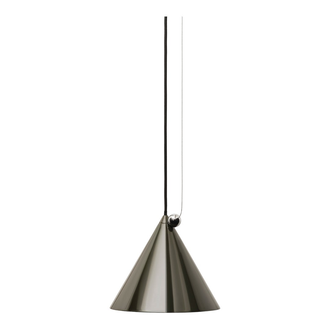 Sleek, modern pendant light with a glossy black conical shade and a thin, clear suspension cord.