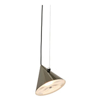 Modern cone pendant lamp in metallic silver with a smooth white shade. Sleek black cord for contemporary decor.