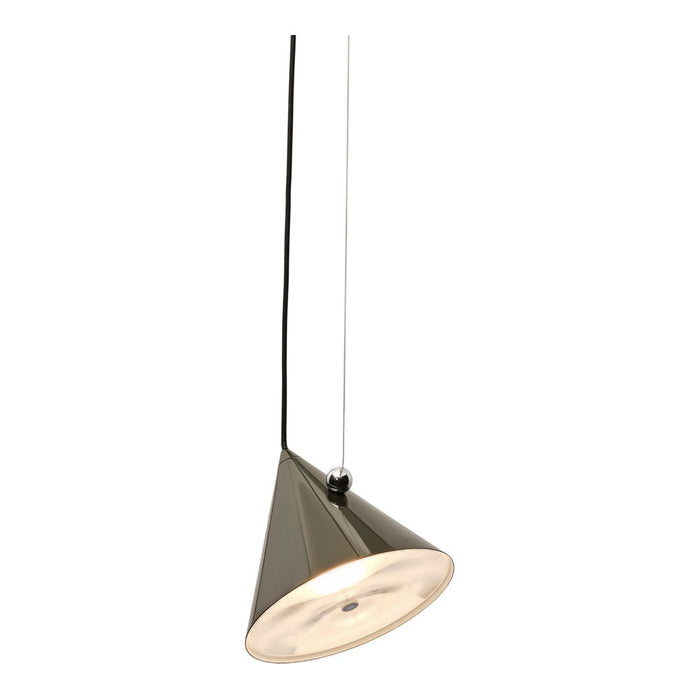 Modern cone pendant lamp in metallic silver with a smooth white shade. Sleek black cord for contemporary decor.