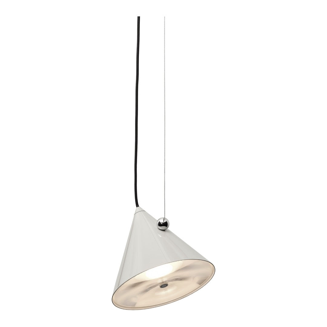 Modern cone pendant light in sleek silver finish with black hanging cord, perfect for minimalist decor.