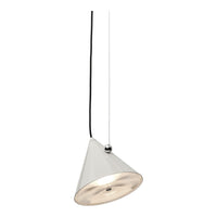 Modern cone pendant light in sleek silver finish with black hanging cord, perfect for minimalist decor.
