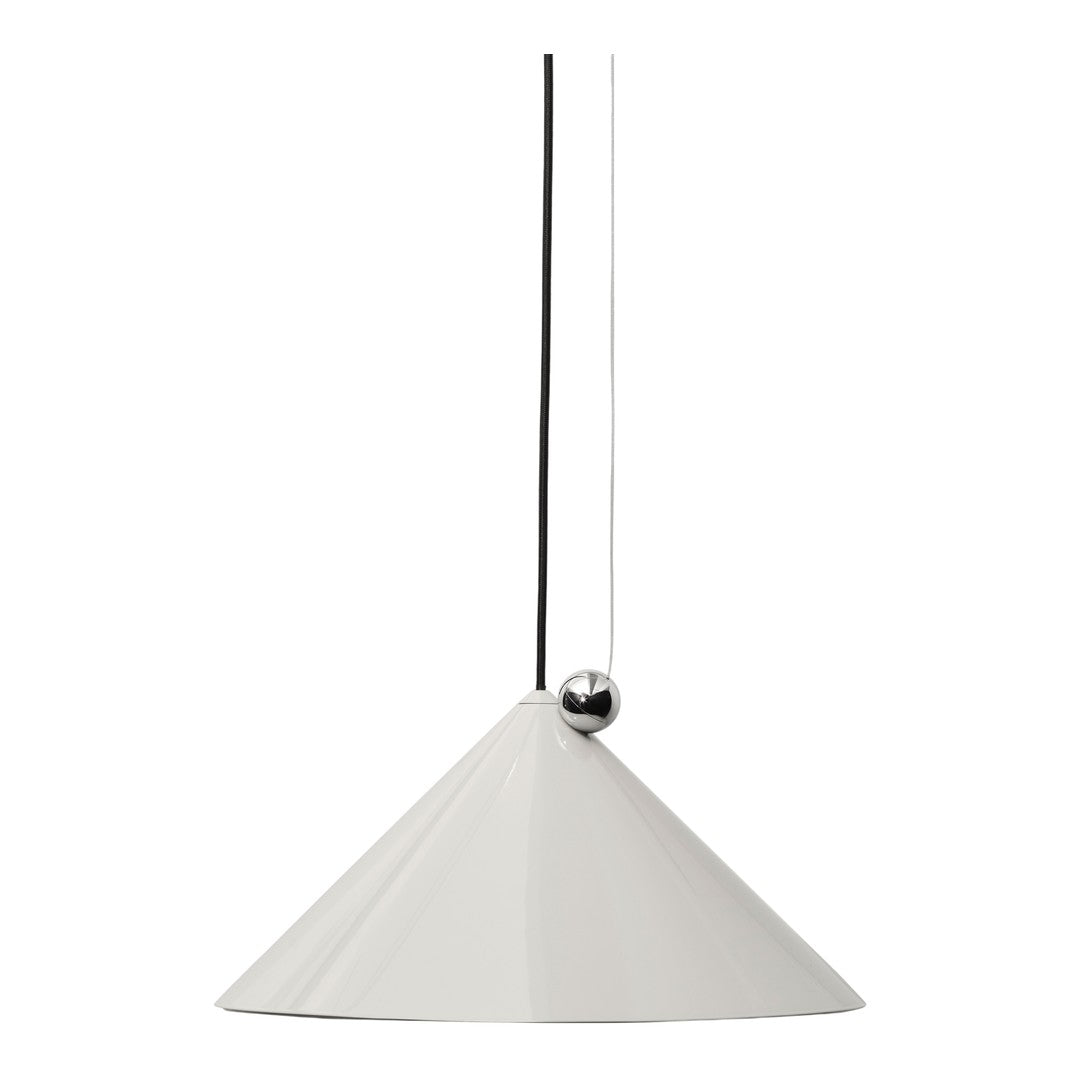 White cone-shaped pendant light with a sleek black cord and a metallic ball accent. Minimalist design for modern decor.