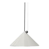 White cone-shaped pendant light with a sleek black cord and a metallic ball accent. Minimalist design for modern decor.