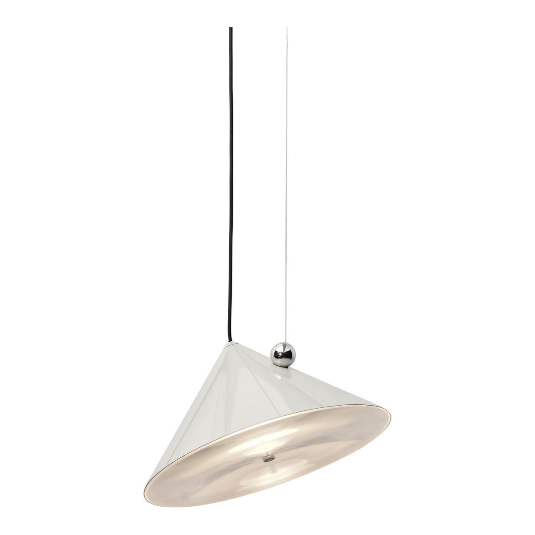 White conical pendant lamp with glossy finish and black cord, featuring a minimalist design with subtle geometric lines.
