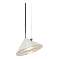White conical pendant lamp with glossy finish and black cord, featuring a minimalist design with subtle geometric lines.