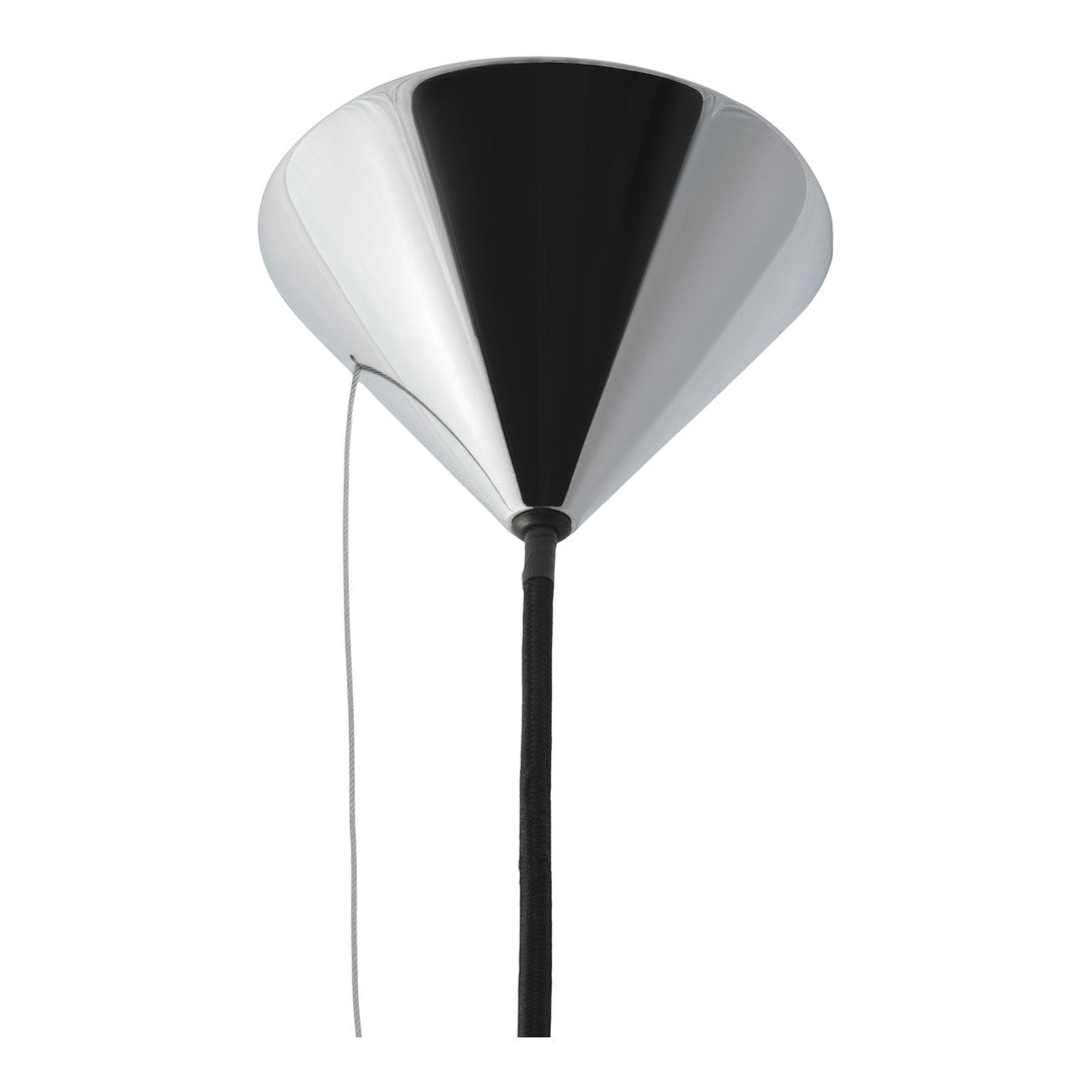 Modern pendant lamp featuring a sleek black and metallic silver cone shape with a minimalist design.