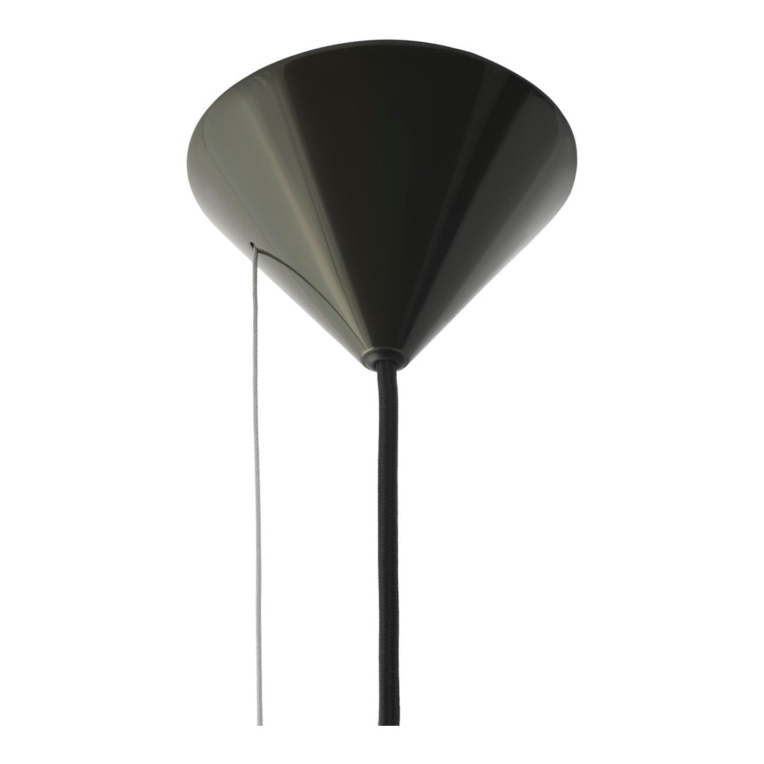 Black cone-shaped pendant light with a sleek design and a contrasting black cord. Ideal for modern decor.