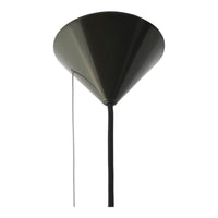 Black cone-shaped pendant light with a sleek design and a contrasting black cord. Ideal for modern decor.