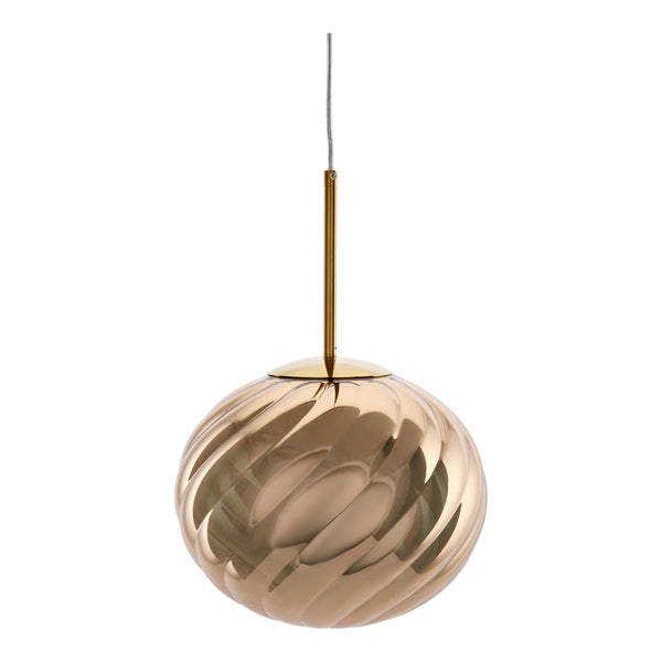 Elegant amber glass pendant light with a swirling pattern and gold accents, perfect for modern decor.