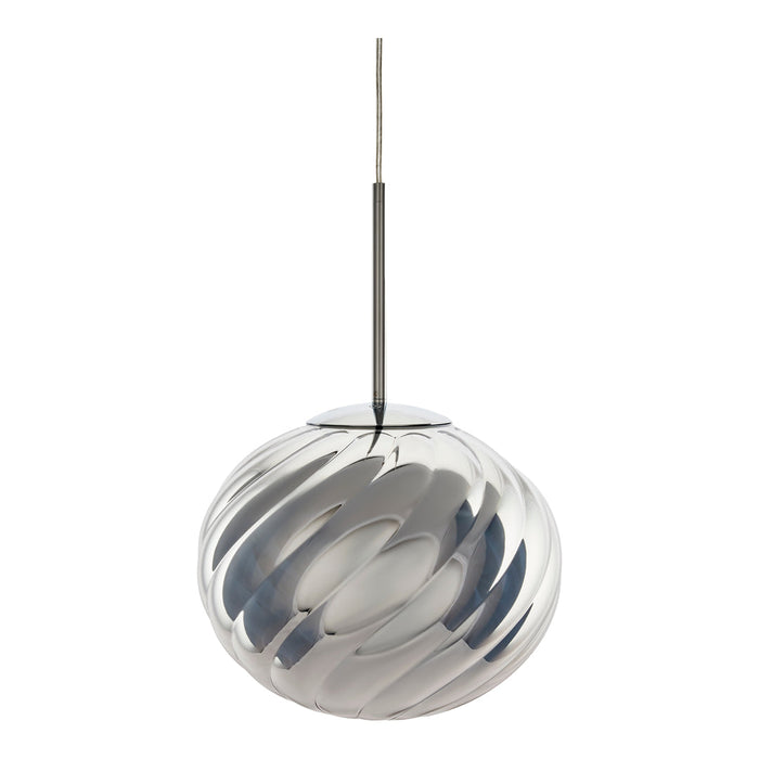 Modern silver pendant lamp with a swirling pattern, featuring reflective surfaces and a sleek design.