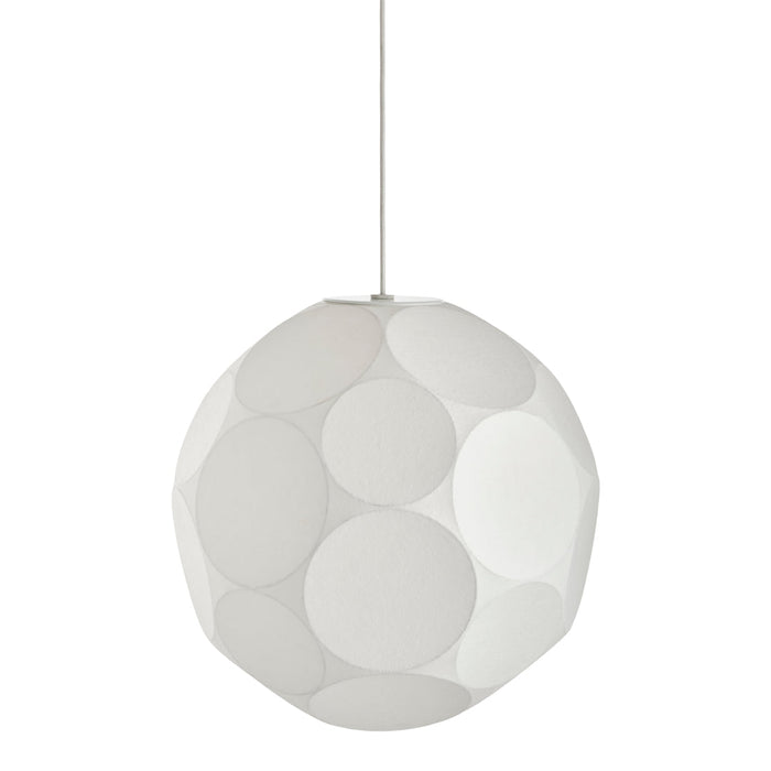 White pendant lamp with a textured pattern of overlapping circles. Ideal for modern, minimalist decor.