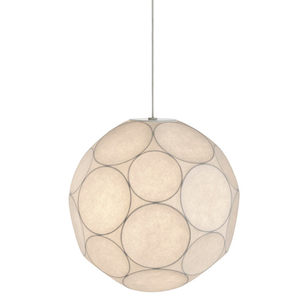 White pendant lamp featuring a unique pattern of overlapping circles. Elegant and modern design.