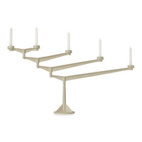 Beige modern candle holder with five arms and white candle accents, showcasing a sleek and minimalistic design.