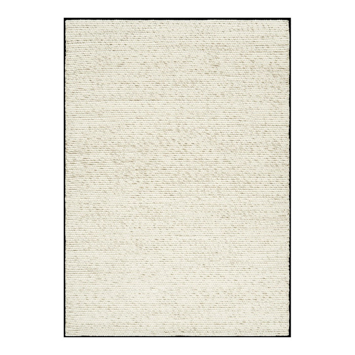 Beige textured rug with subtle variations, bordered by a thin black outline. Perfect for modern decor.