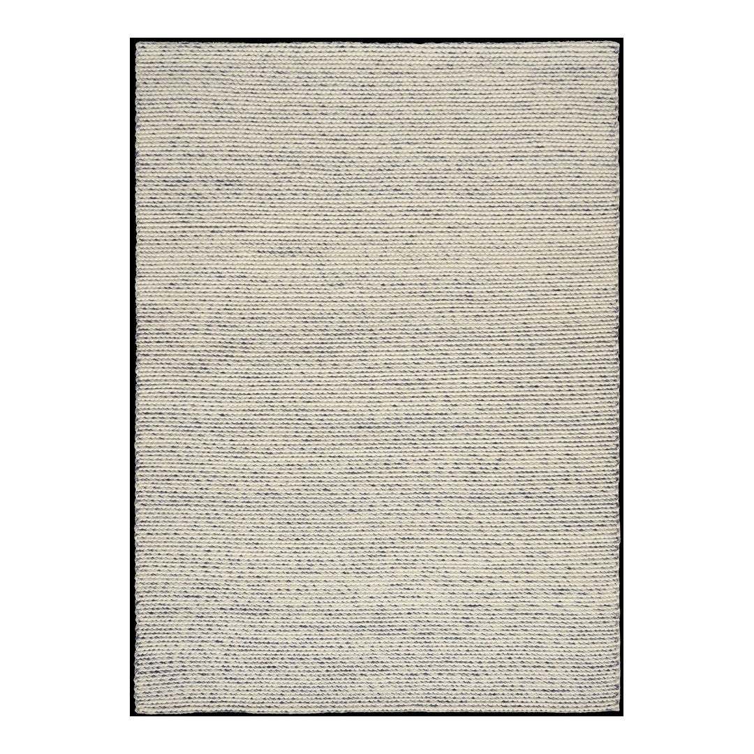 "Light beige area rug with subtle textured pattern and dark border, perfect for modern decor."