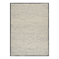 "Light beige area rug with subtle textured pattern and dark border, perfect for modern decor."