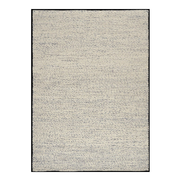 "Light beige area rug with subtle textured pattern and dark border, perfect for modern decor."