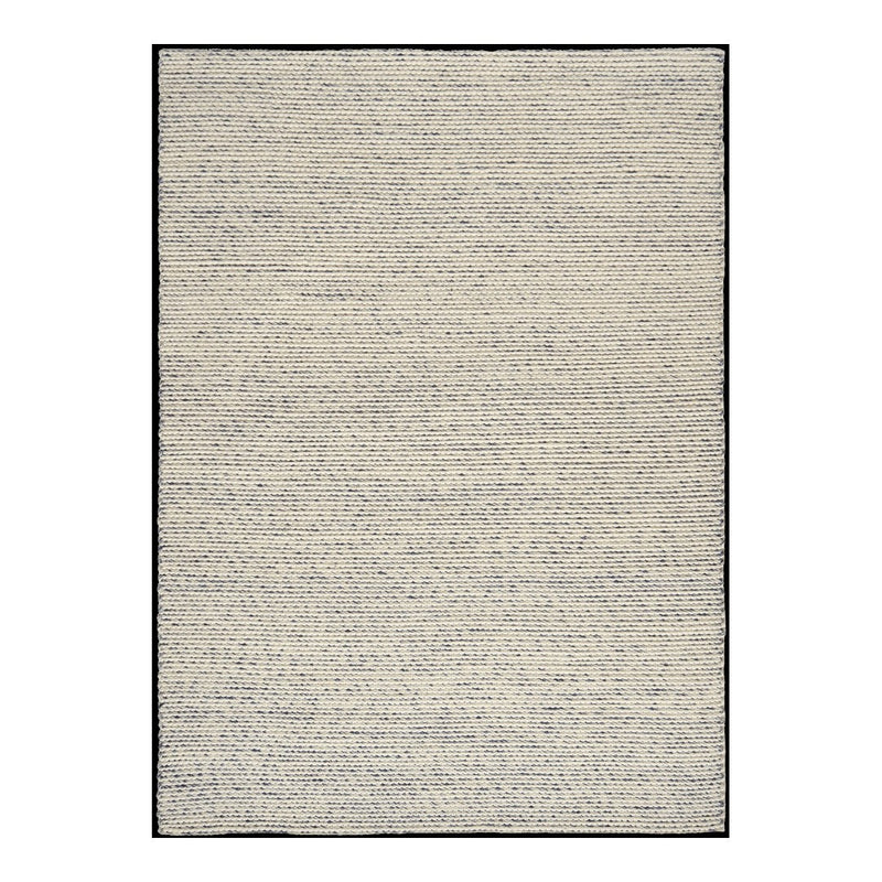"Light beige area rug with subtle textured pattern and dark border, perfect for modern decor."