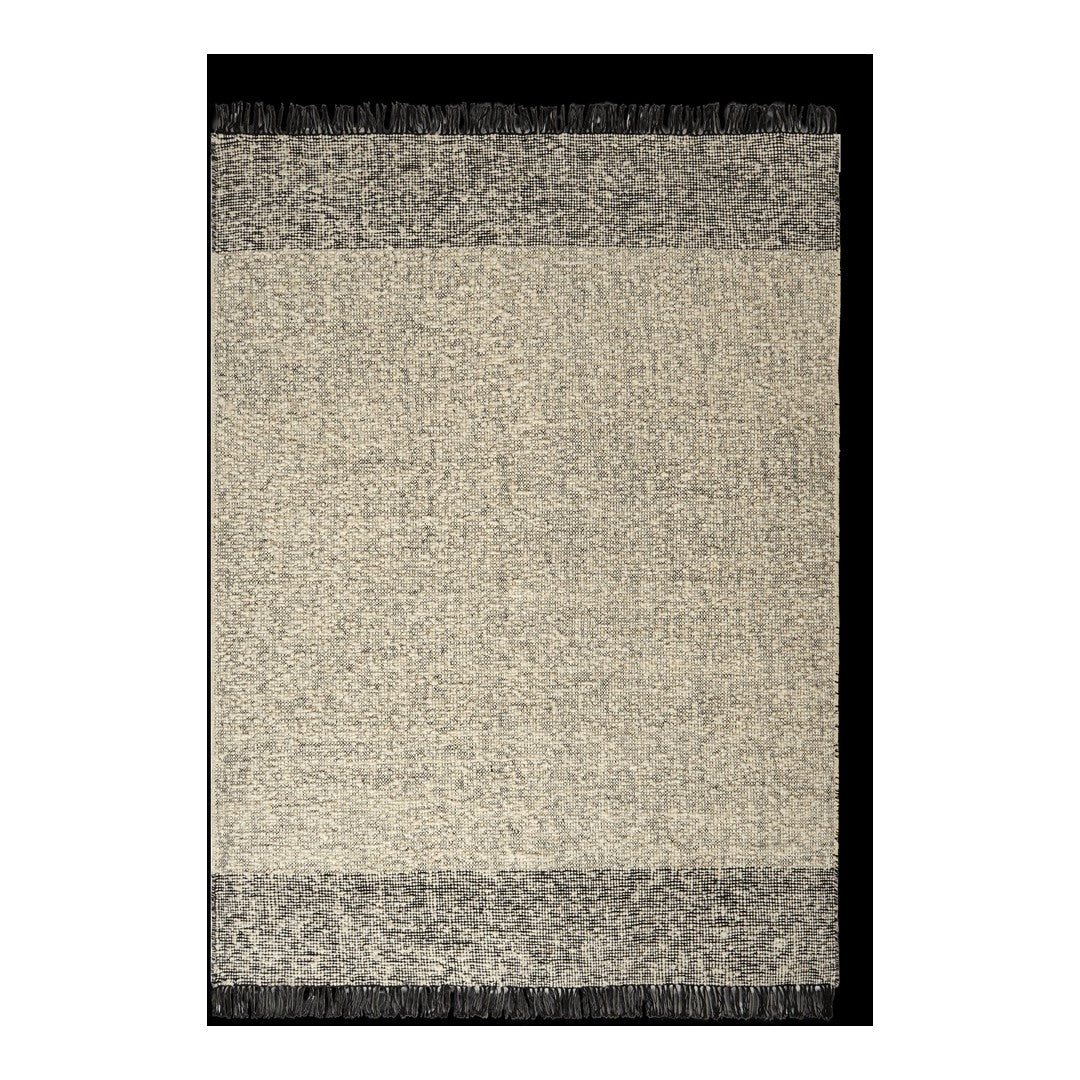Beige and gray area rug with a textured pattern and black fringe borders. Stylish and modern home decor accent.